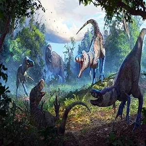 گروهی از Nanotyrannus با جسارت یک T. rex نوجوان را مورد حمله قرار میدهند. تصویر توسط انتونی هچینگز