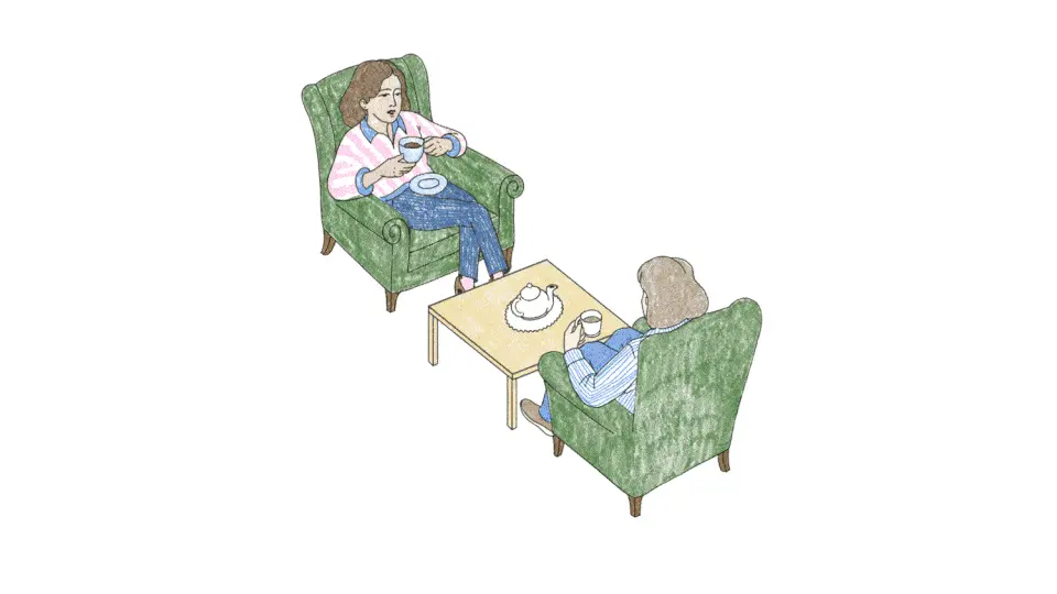 دو دوست که با هم قهوه مینوشند و گپ میزنند